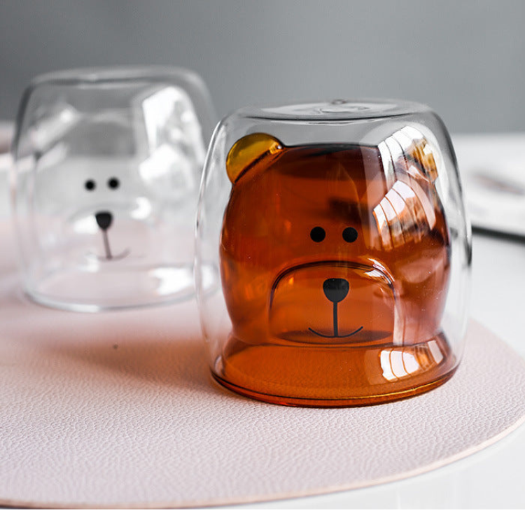 Cartoon Bear Double-Wall Glass Coffee Cup - Heat-Resistant Insulated Mug