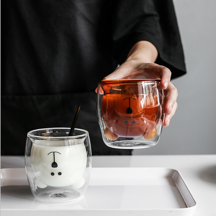 Cartoon Bear Double-Wall Glass Coffee Cup - Heat-Resistant Insulated Mug