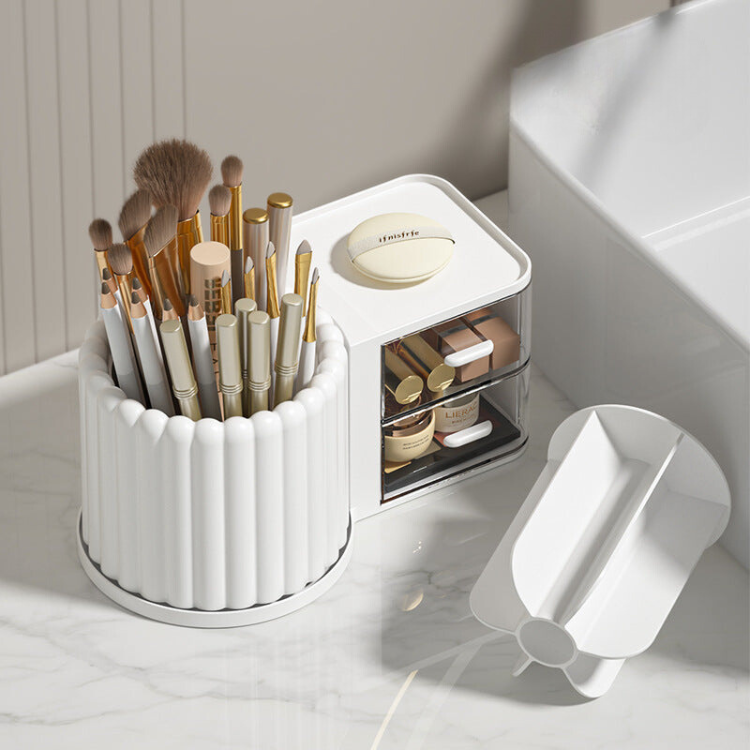 Rotating Desktop Organizer with Drawer - Pen Holder & Makeup Storage Box