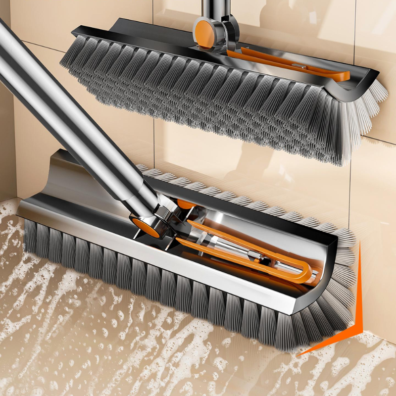 2-in-1 Floor Scrub Brush with Water Scraper - Long Handle Tile & Grout Cleaner