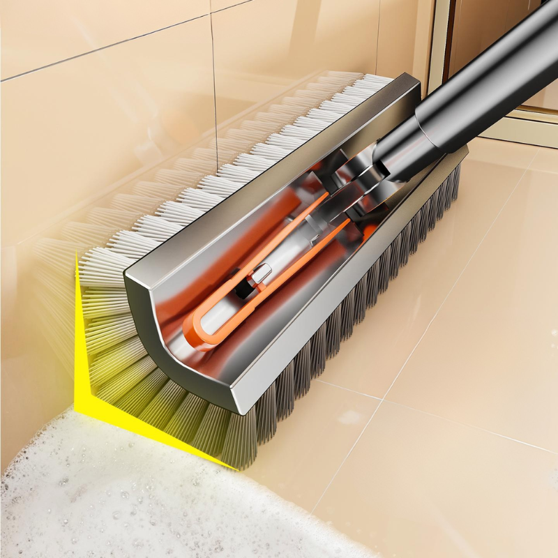 2-in-1 Floor Scrub Brush with Water Scraper - Long Handle Tile & Grout Cleaner