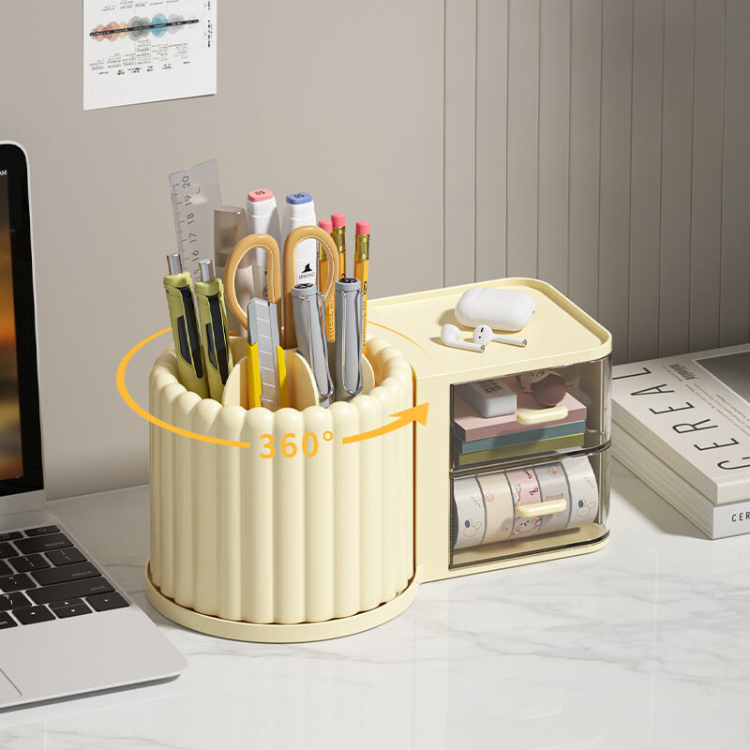 Rotating Desktop Organizer with Drawer - Pen Holder & Makeup Storage Box