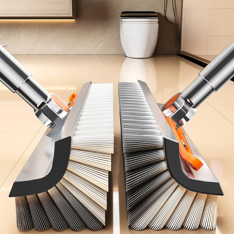 2-in-1 Floor Scrub Brush with Water Scraper - Long Handle Tile & Grout Cleaner