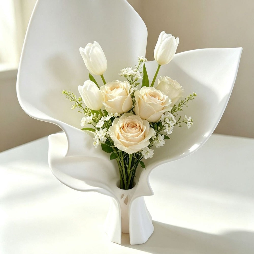 White bouquet vase with tulips and roses