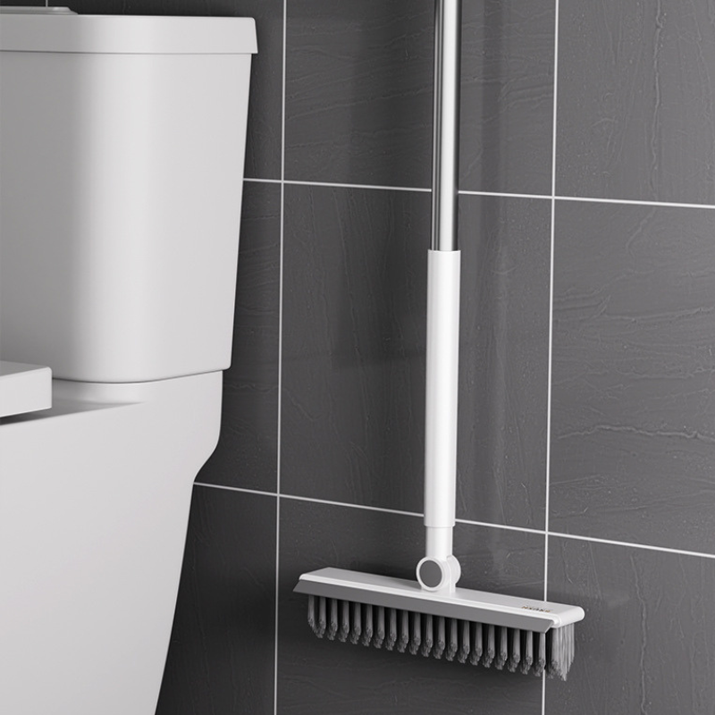 2-in-1 Floor Scrub Brush with Scraper - Long Handle V-Shaped Bristle Tile & Grout Cleaner
