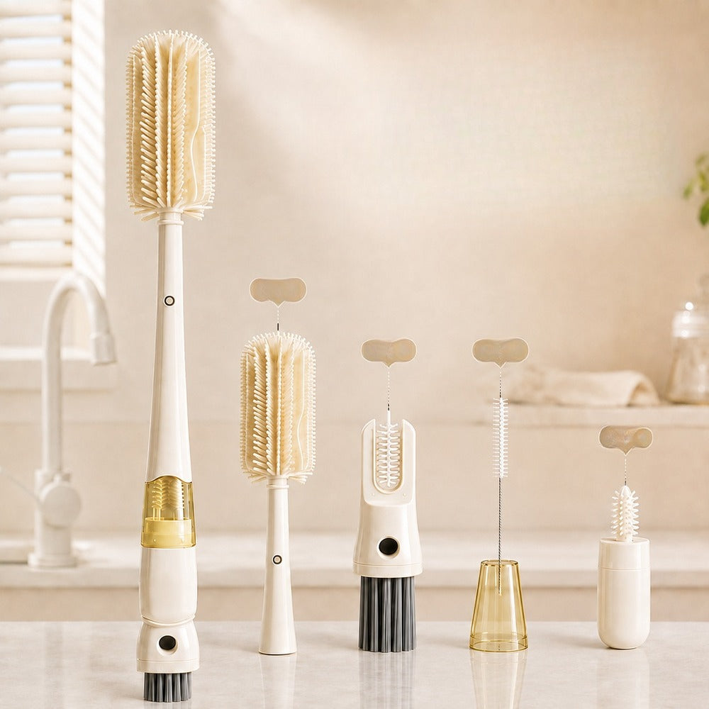 Brush with bottle, lid and straw heads