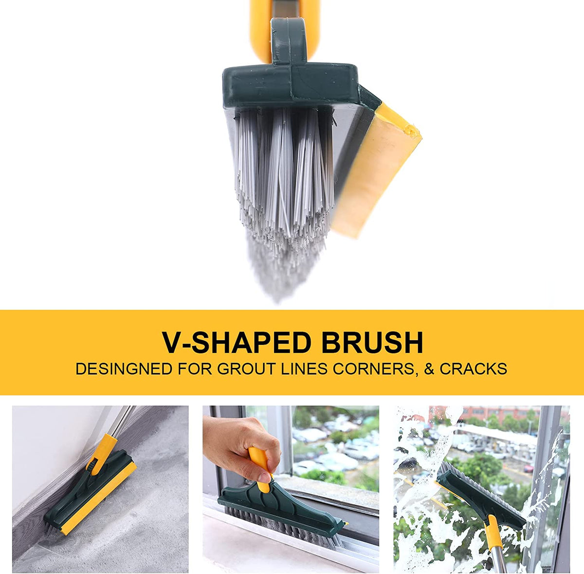 2-in-1 Stainless Steel Scrub Brush - Adjustable Long Handle with Detachable V-Shaped Head
