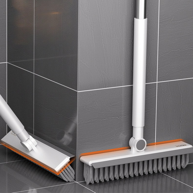 2-in-1 Floor Scrub Brush with Scraper - Long Handle V-Shaped Bristle Tile & Grout Cleaner