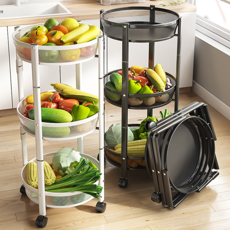 3-Tier Rotating Kitchen Storage Rack - Foldable Movable Cabinet Organizer
