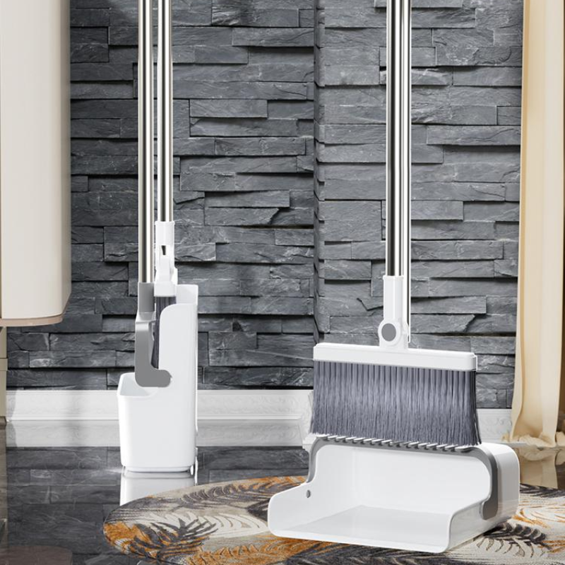 Long Handle Broom and Dustpan Set - Standing Upright Storage for Easy Sweeping