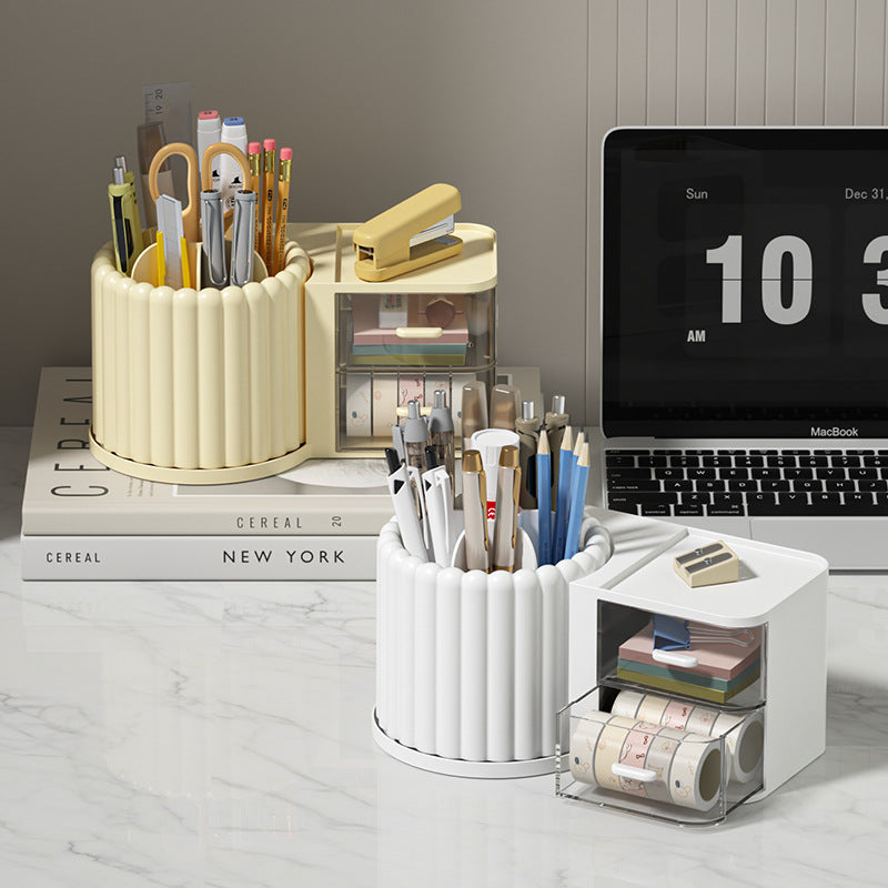 Rotating Desktop Organizer with Drawer - Pen Holder & Makeup Storage Box