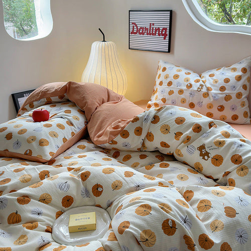 Autumn Pumpkin Print Bedding Set - Fall-Themed Duvet Cover & Sheet Set