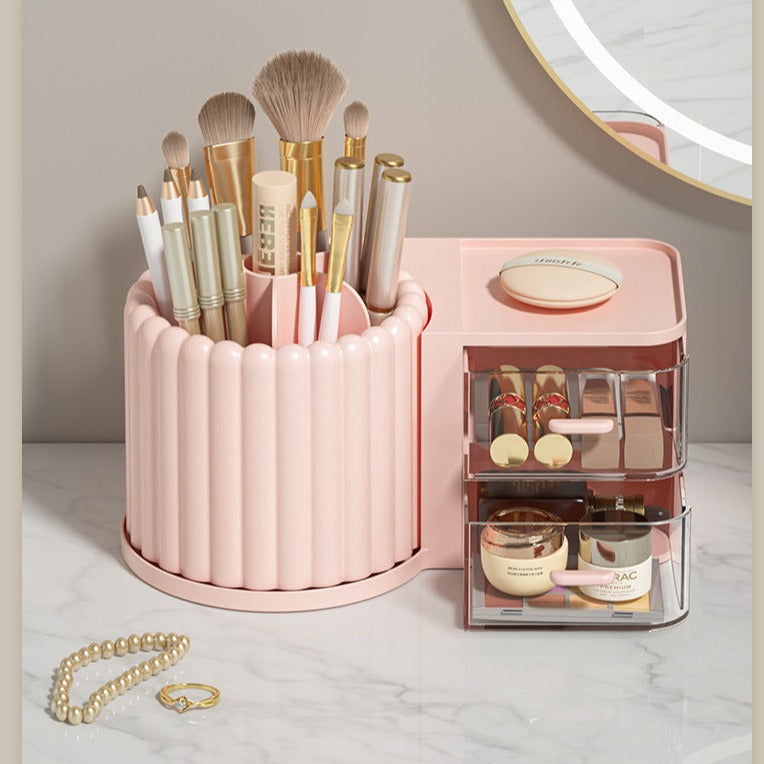 Rotating Desktop Organizer with Drawer - Pen Holder & Makeup Storage Box