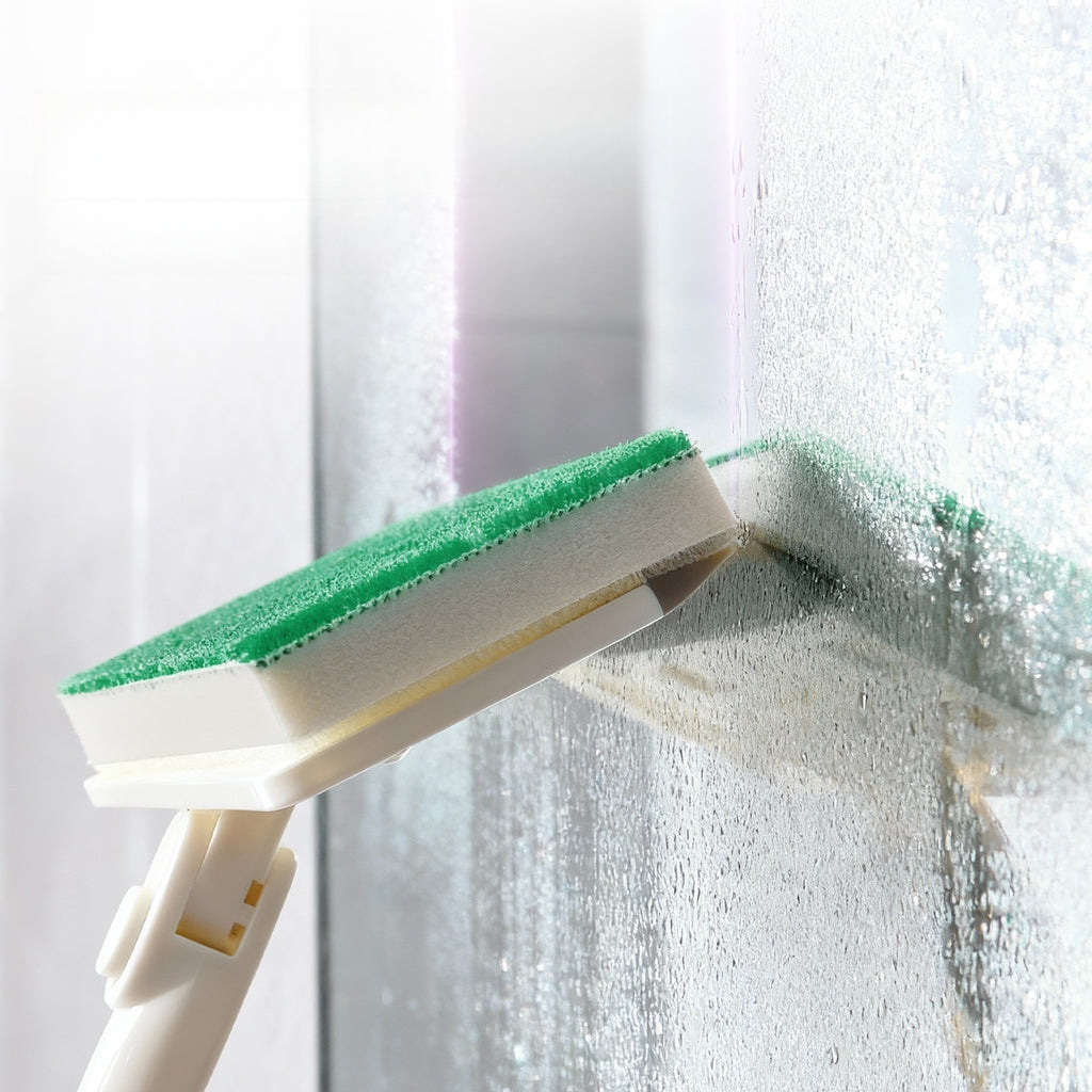 2-in-1 Bristle & Sponge Floor Scrub Brush - Telescoping Handle Bathroom Tile & Glass Cleaner