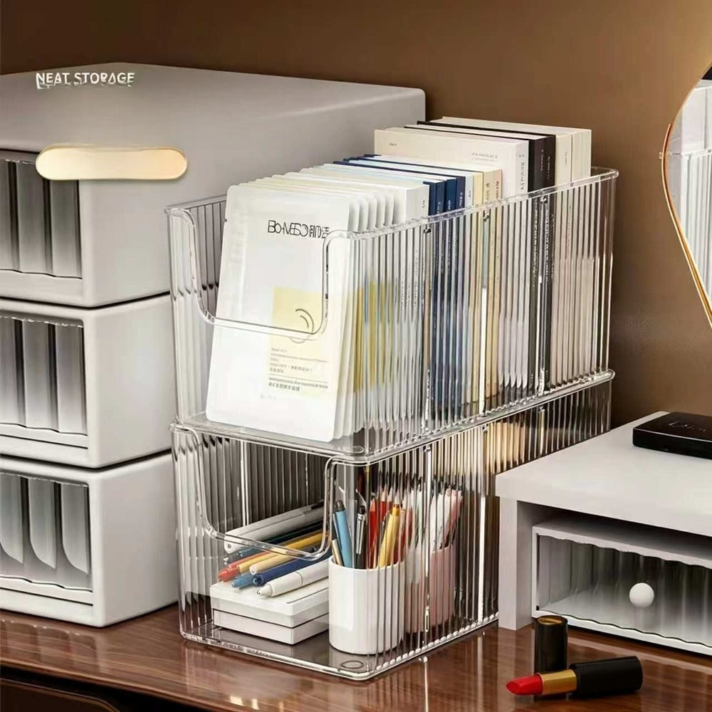 Clear organizers on a desk