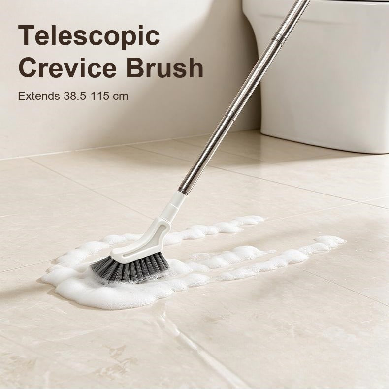 Crevice brush scrubbing a bathroom floor
