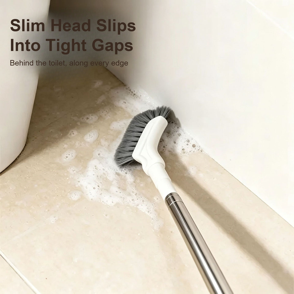 Slim brush head cleaning behind the toilet