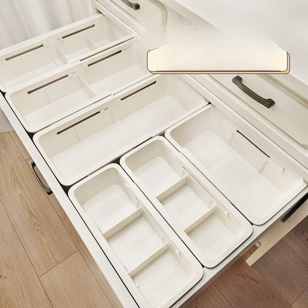 Vanity drawer organized with bins