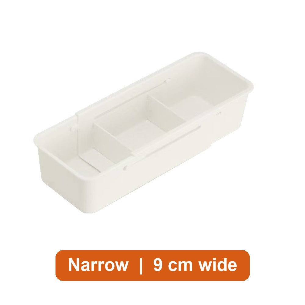 Narrow expandable drawer organizer bin