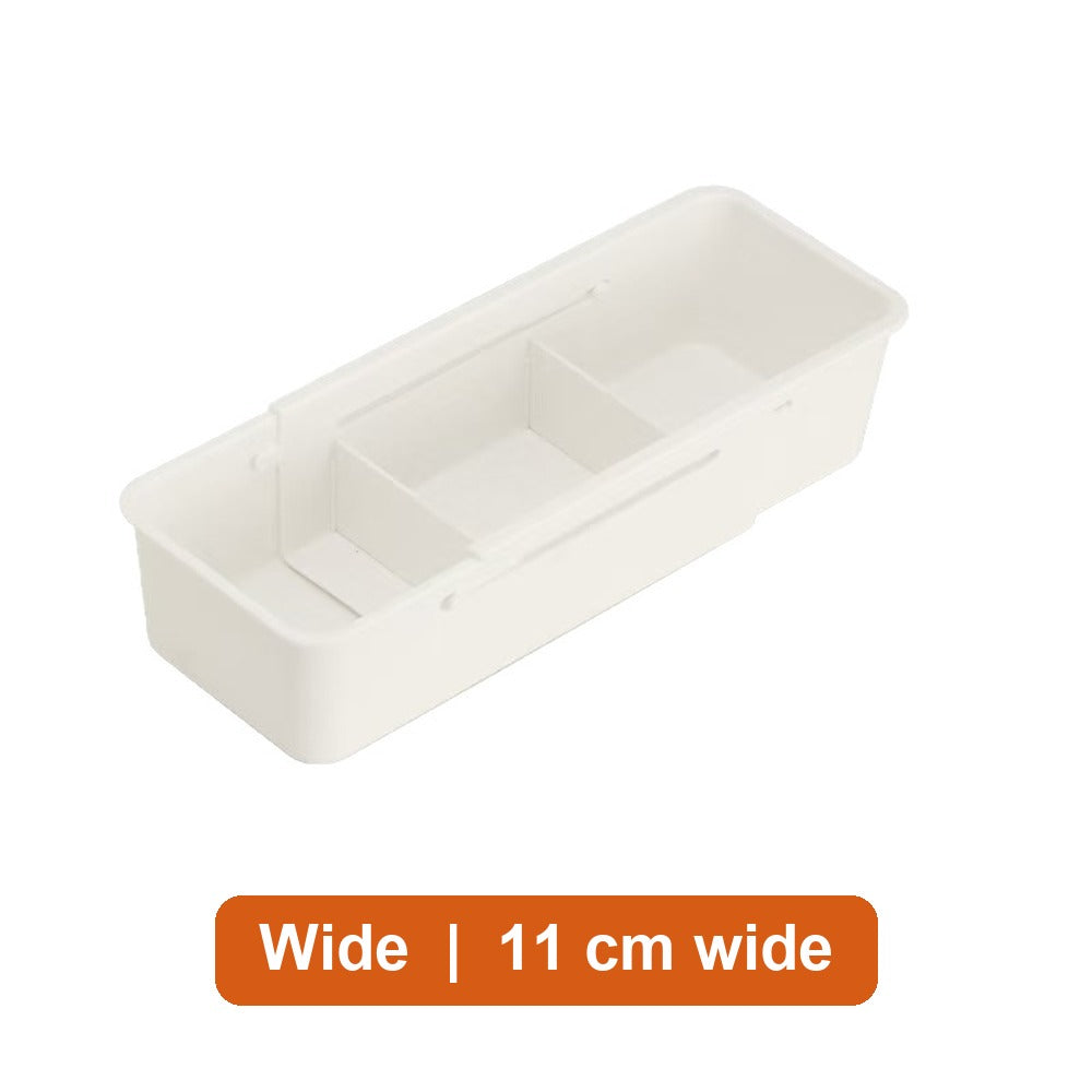 Wide expandable drawer organizer bin