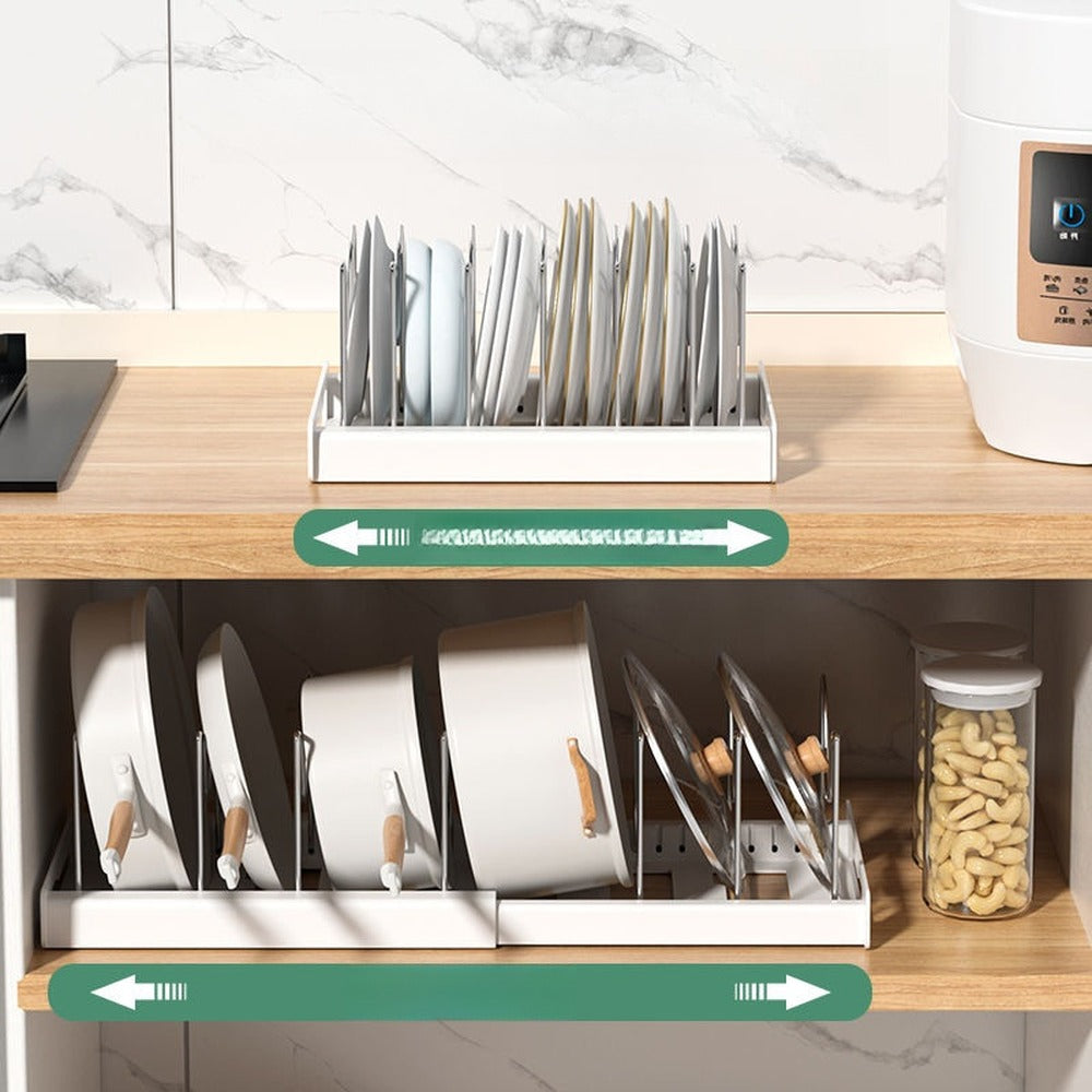 Pot rack extended in cabinet