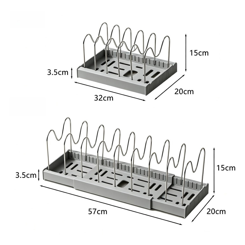 Gray expandable pot rack with 10 dividers