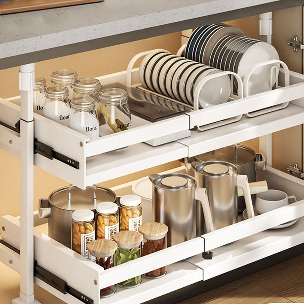 Two-tier white pull-out cabinet organizer under the kitchen counter