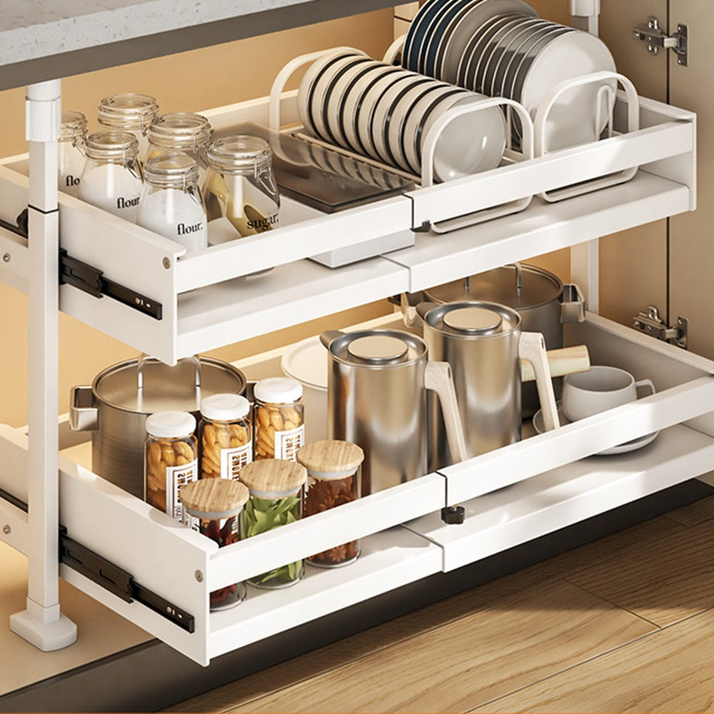 Pull-out drawers holding plates, jars and pots