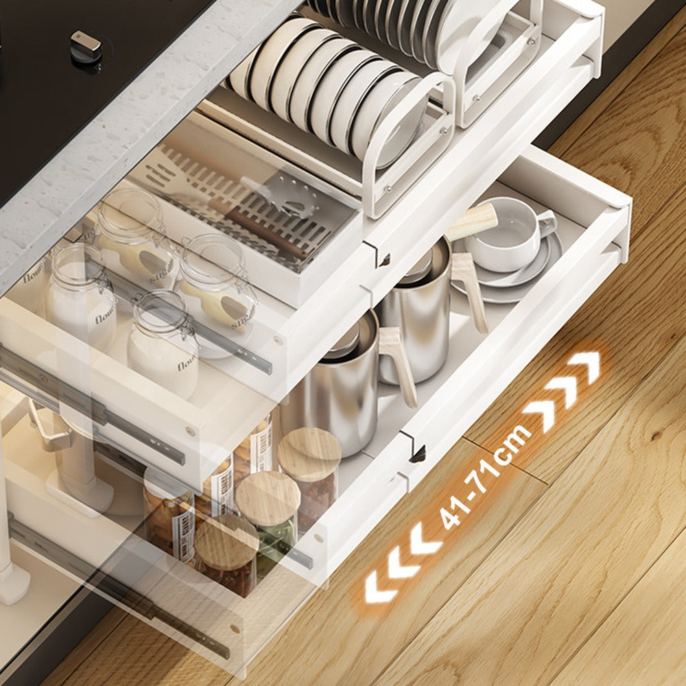 Expandable drawer sliding out of a cabinet
