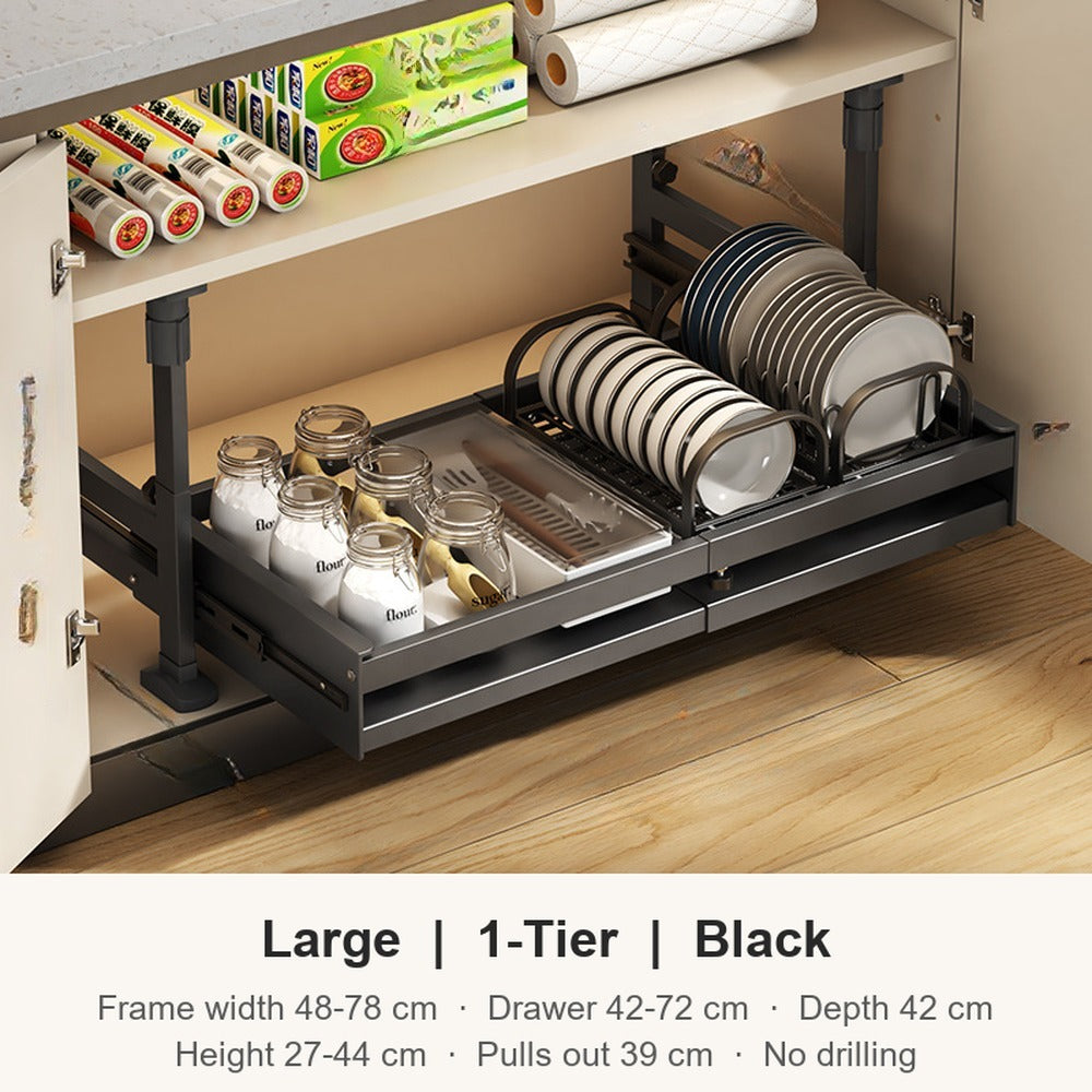 Large 1 tier black expandable pull-out cabinet organizer
