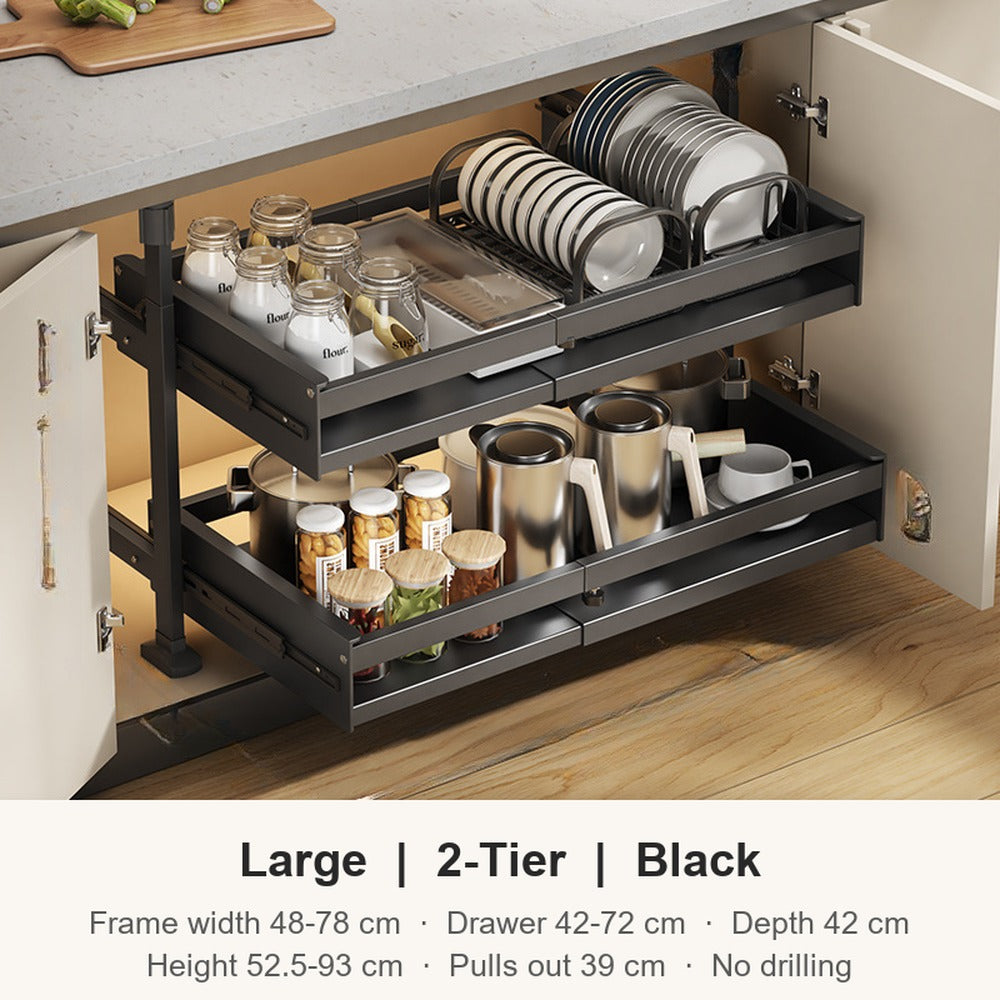 Large 2 tier black expandable pull-out cabinet organizer