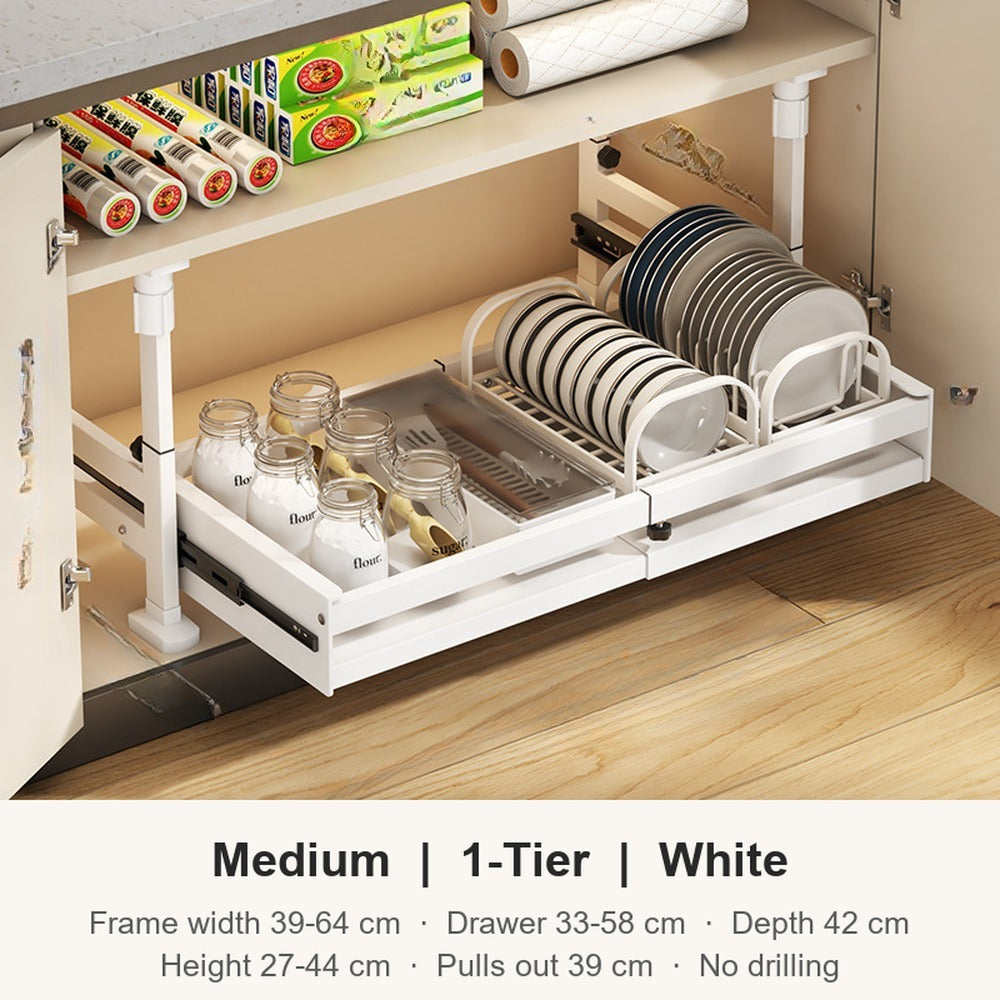 Medium 1 tier white expandable pull-out cabinet organizer