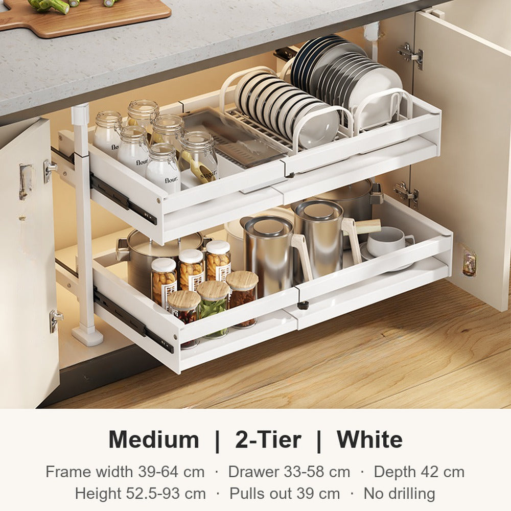Medium 2 tier white expandable pull-out cabinet organizer