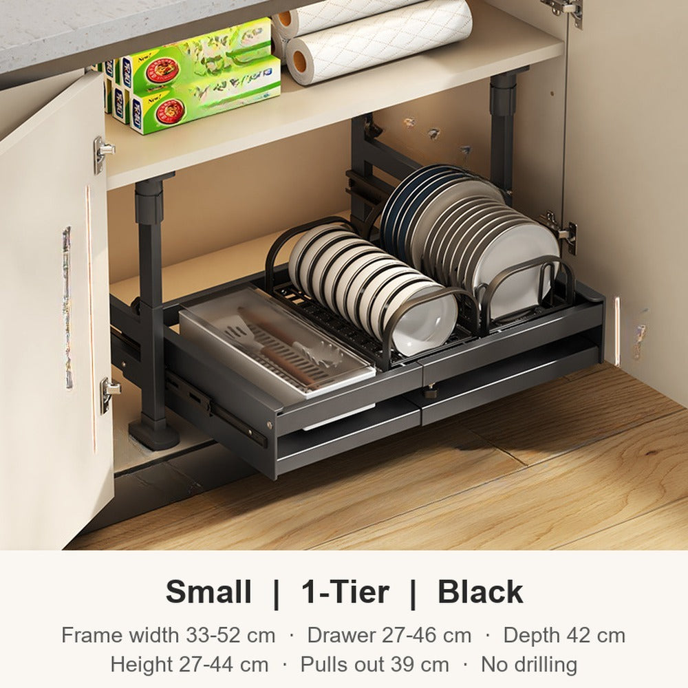 Small 1 tier black expandable pull-out cabinet organizer