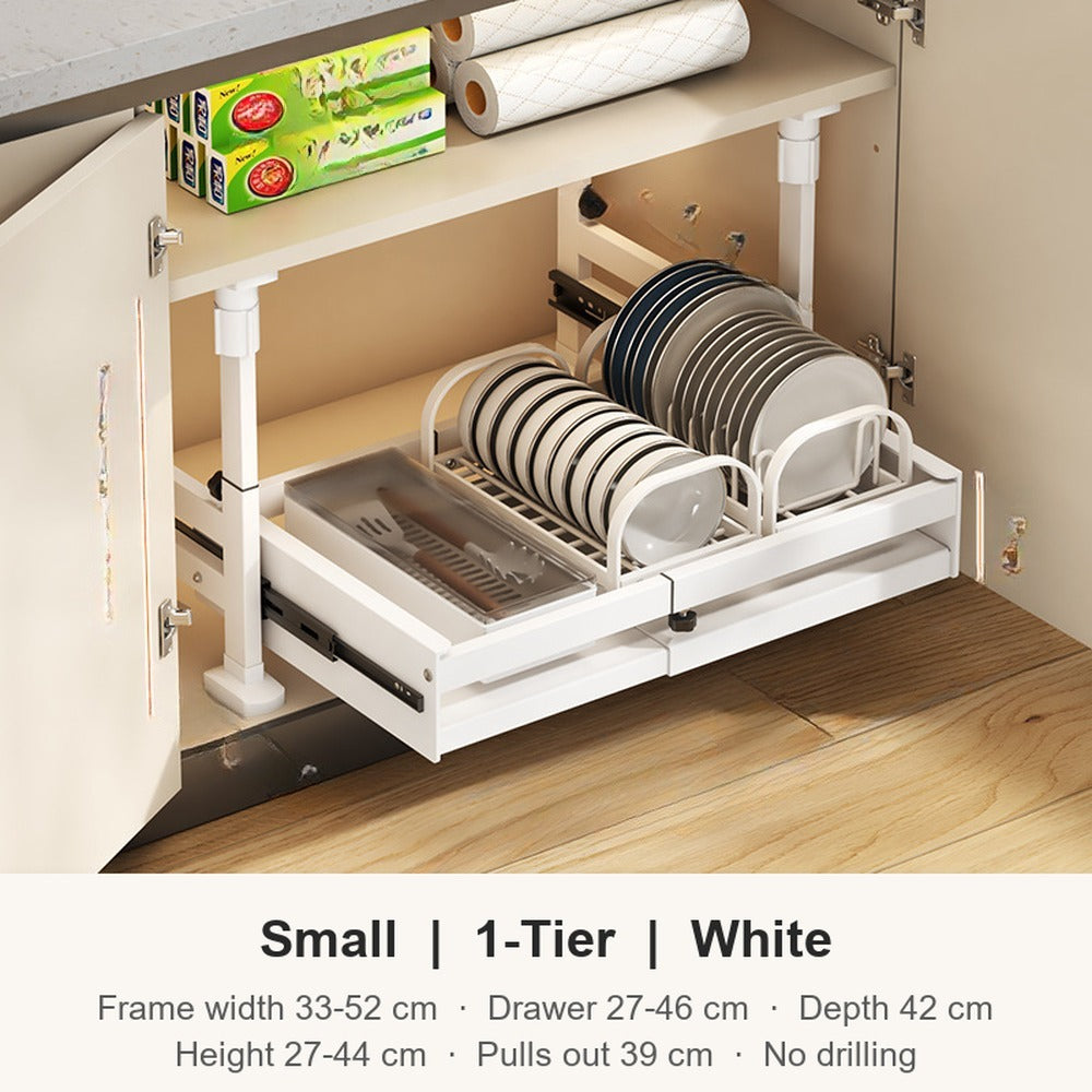 Small 1 tier white expandable pull-out cabinet organizer