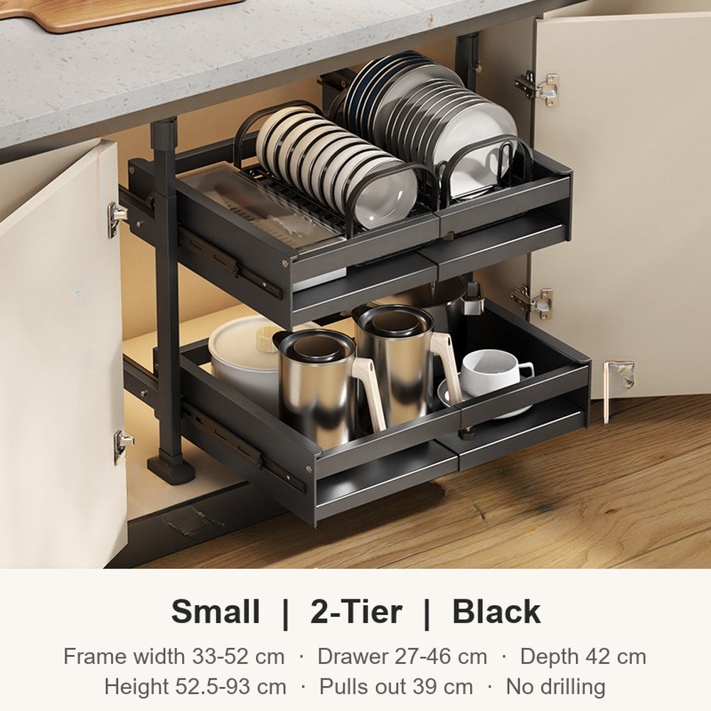 Small 2 tier black expandable pull-out cabinet organizer