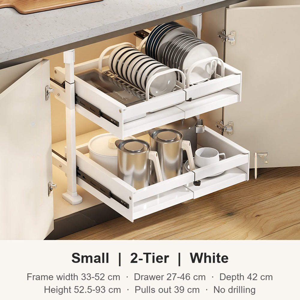 Small 2 tier white expandable pull-out cabinet organizer