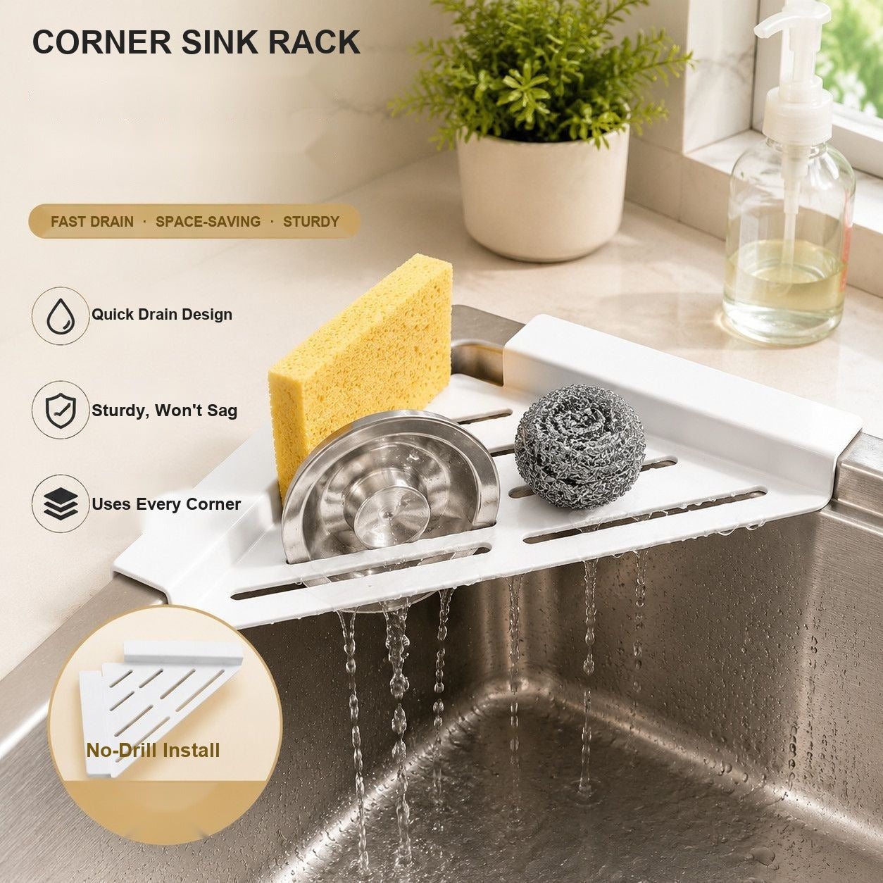No-Drill Corner Sink Organizer Rack - Sponge & Dish Drying Rack