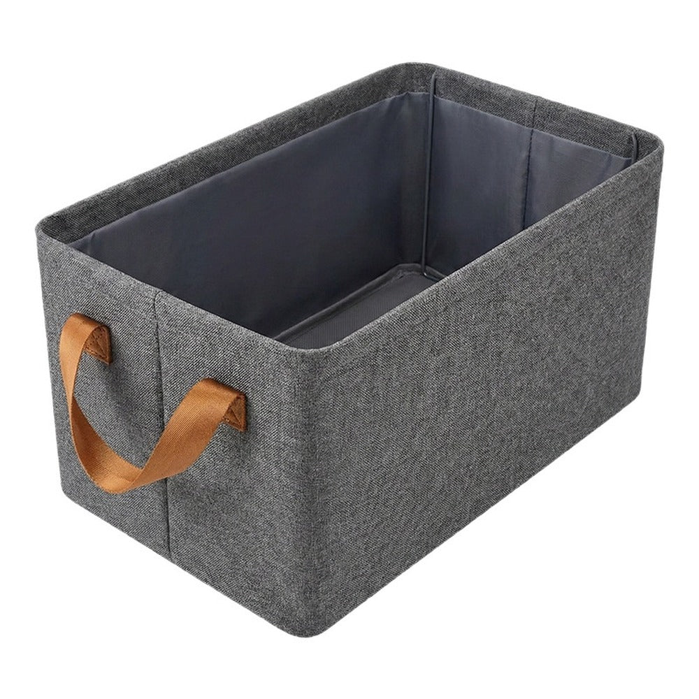 Gray foldable fabric storage bin with leather-look handles