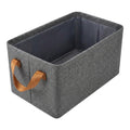 Gray foldable fabric storage bin with leather-look handles
