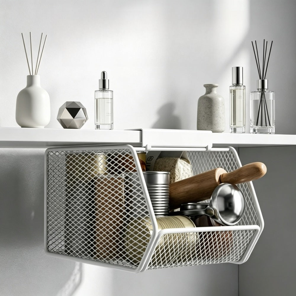 Hanging basket holding kitchen tools under a cabinet