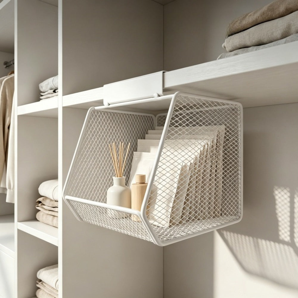 White basket used for storage in a closet shelf
