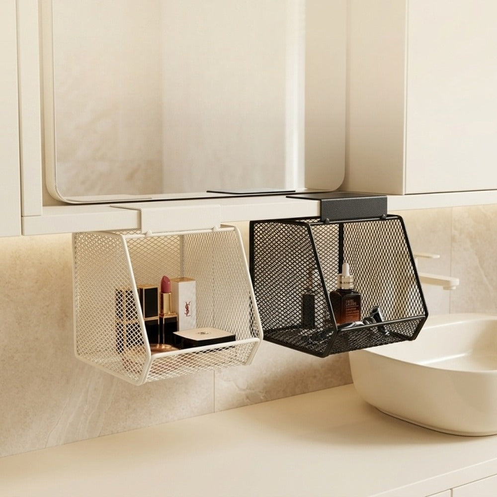 Mesh baskets clipped under a mirror cabinet above the sink