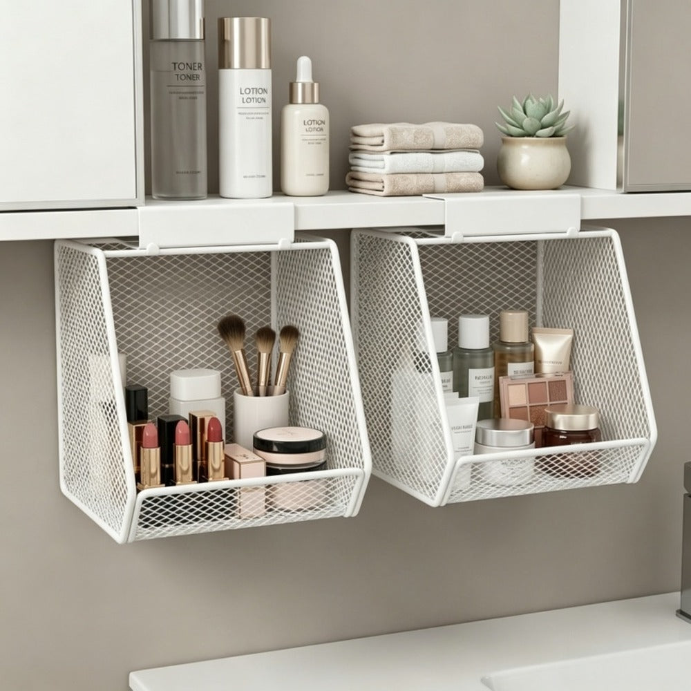 Two white hanging baskets organizing brushes and skincare