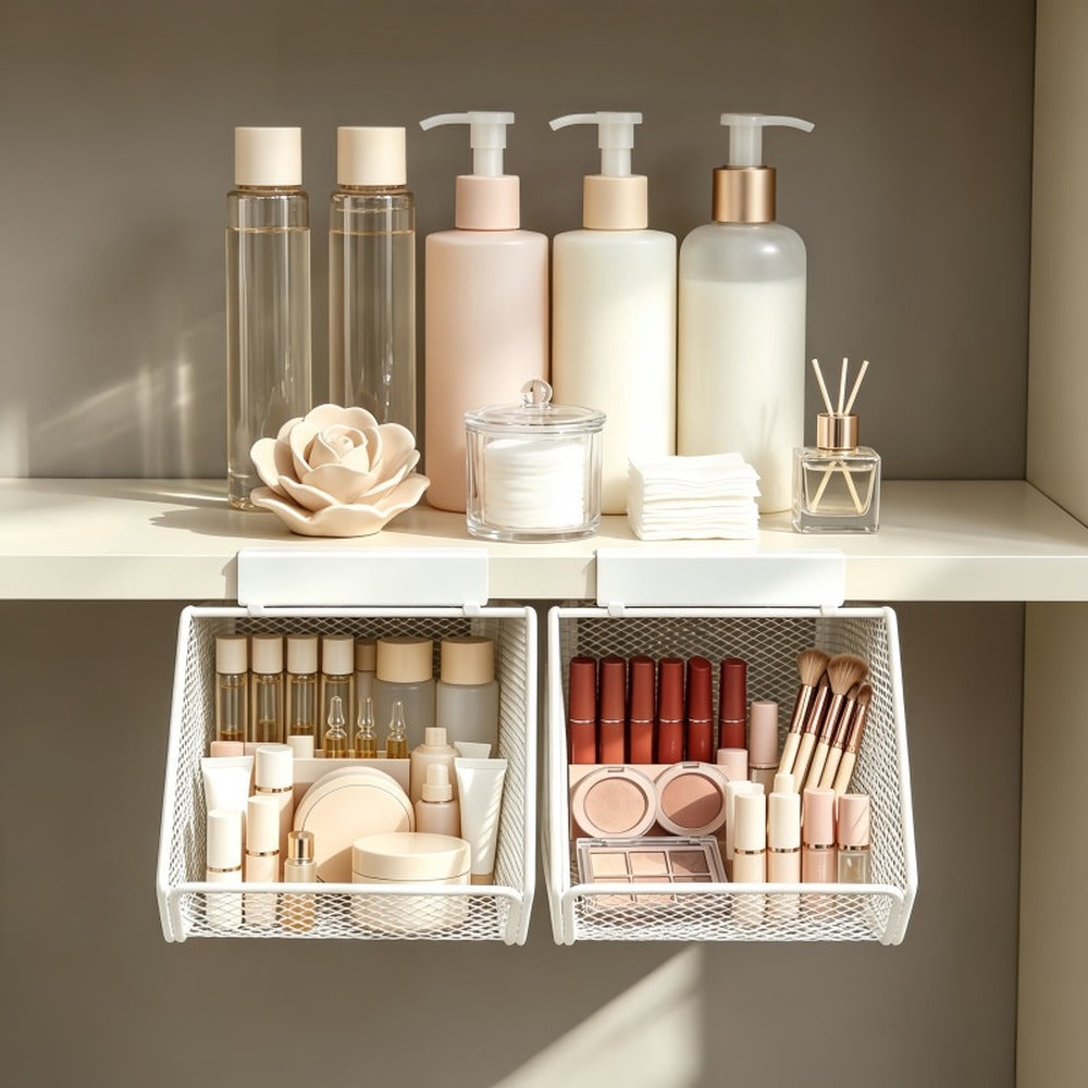 Two white baskets full of toiletries under a shelf