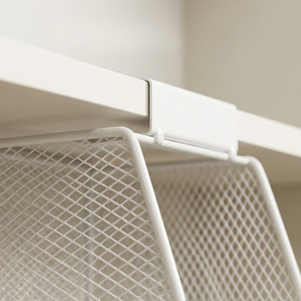 Clip bracket hooking the basket over a shelf edge
