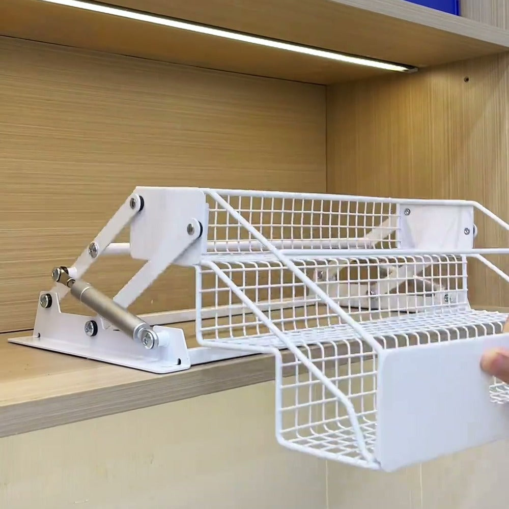 Spice rack pulled down out of the cabinet