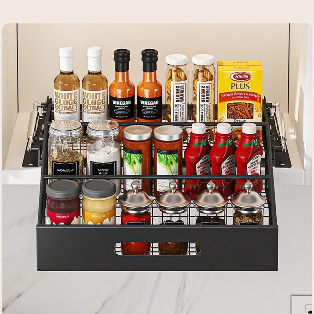 Three tiers of spices and sauces in the black rack