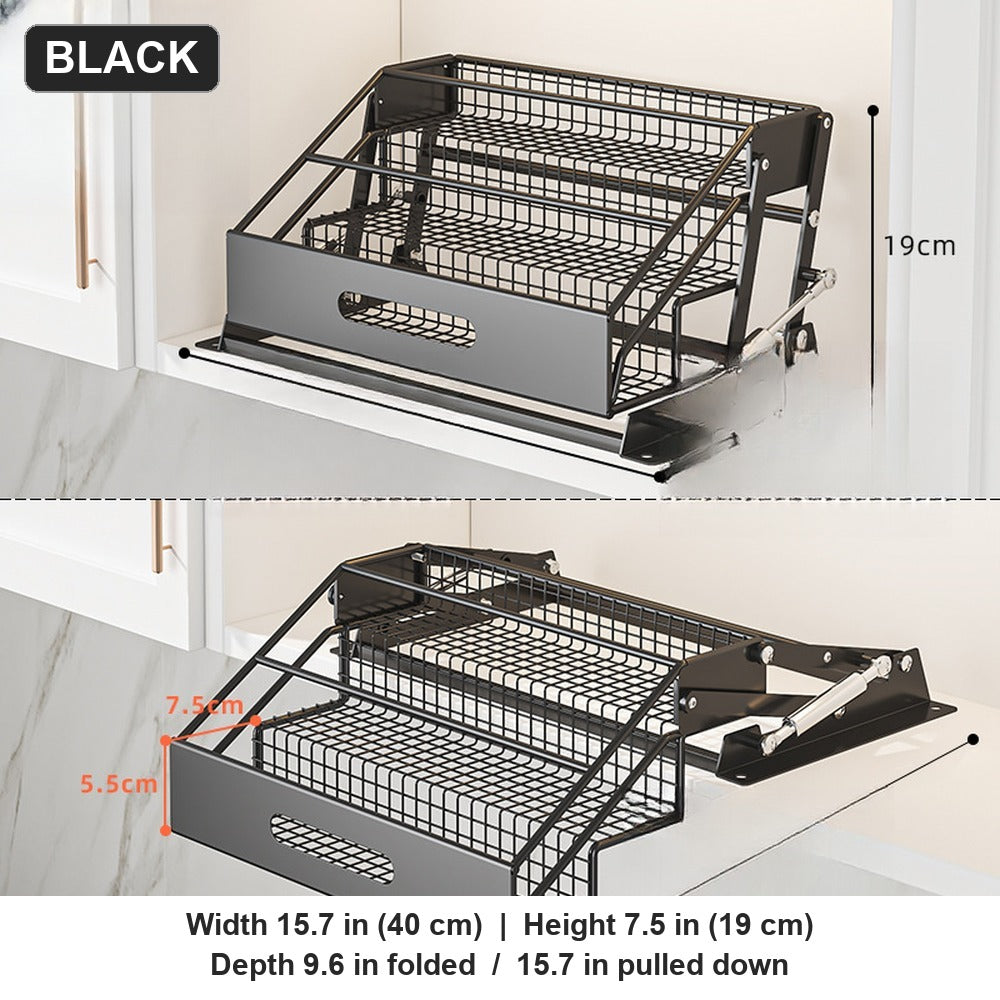 Black pull-down spice rack with dimensions