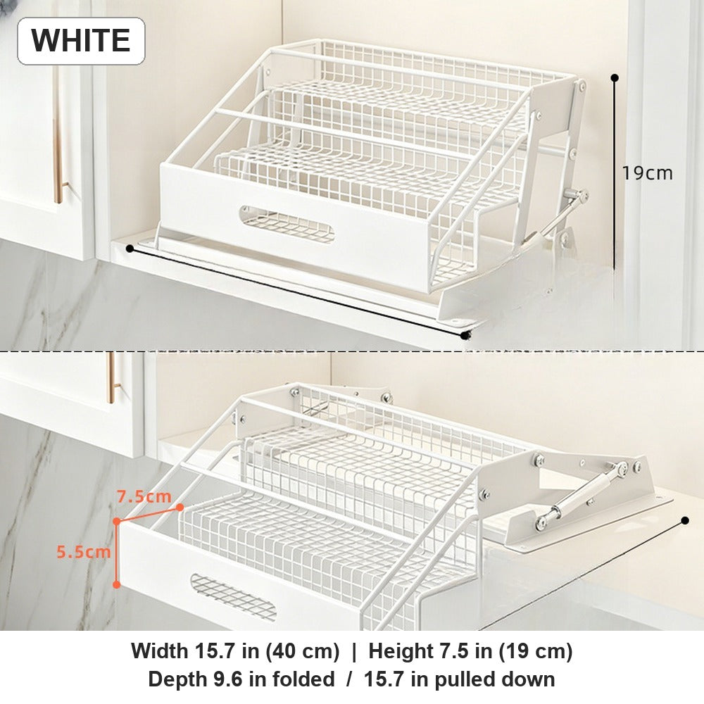 White pull-down spice rack with dimensions